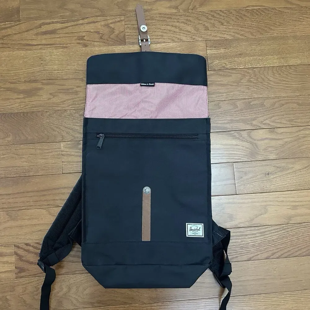 Herschel City Backpack 14.0L‎ Mid Volume Black Canvas Flap Laptop Bag Bookbag